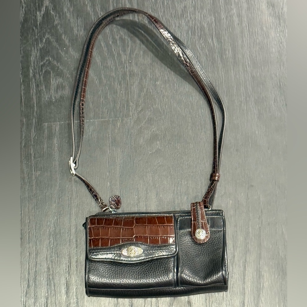 Vintage Brighton Leather Black & Brown Pebbled Crossbody Bag Purse - Picture 1 of 7